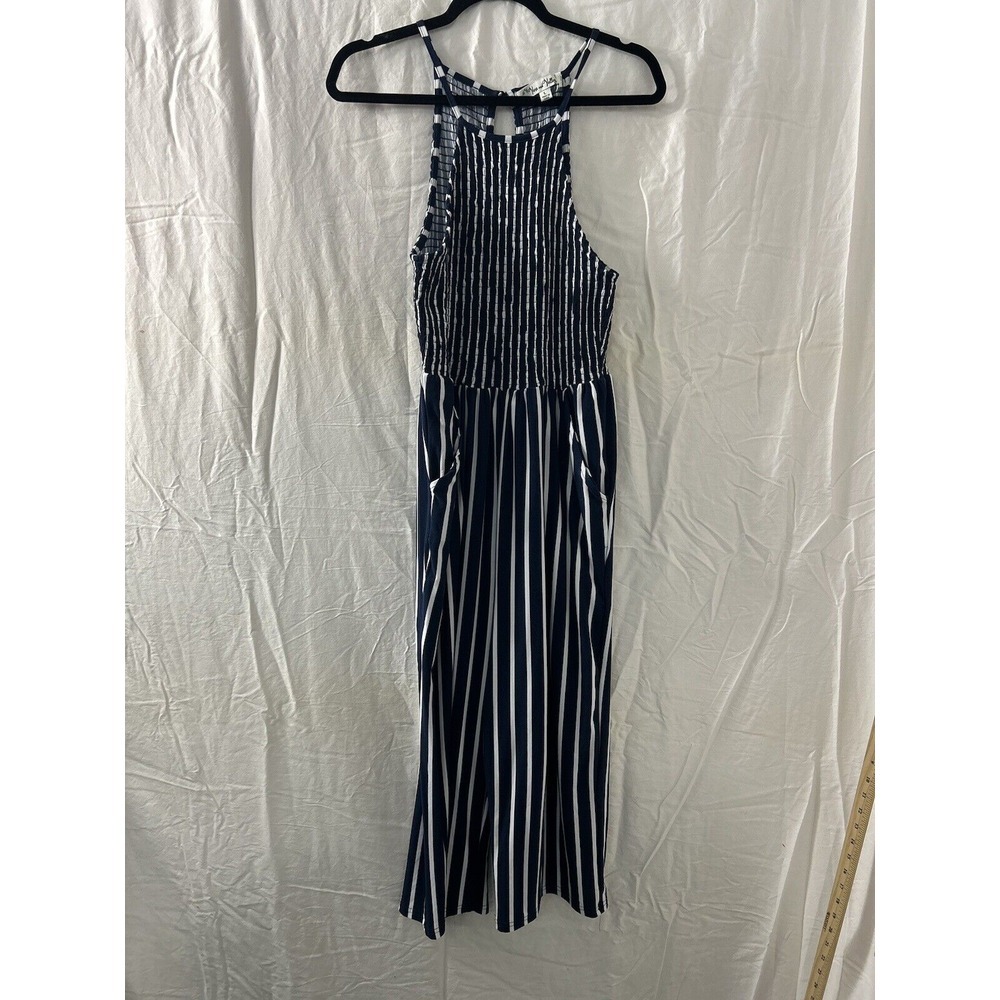 Vine and‎ Valley Blue Stripe Spaghetti Strap Smocked Wide Leg Jumpsuit Sz L